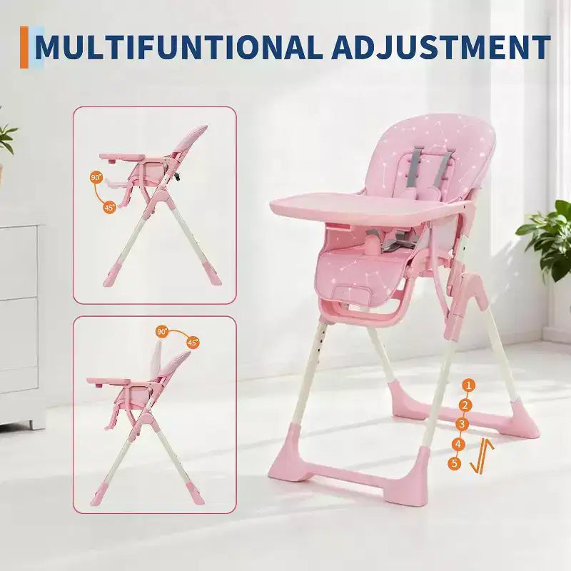 Baby High Chair for Babies and Toddlers Foldable Feeding Chair with Adjustable Height/Backrest/Footrest, Removable Tray, Fast Folding Design