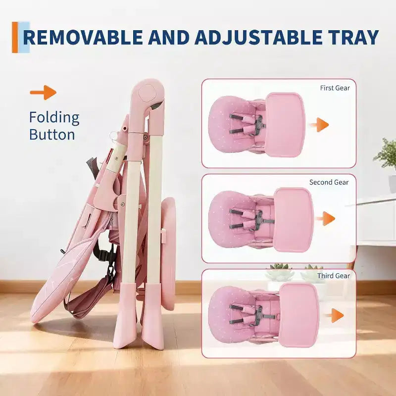 Baby High Chair for Babies and Toddlers Foldable Feeding Chair with Adjustable Height/Backrest/Footrest, Removable Tray, Fast Folding Design