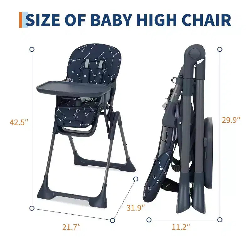 Baby High Chair for Babies and Toddlers Foldable Feeding Chair with Adjustable Height/Backrest/Footrest, Removable Tray, Fast Folding Design