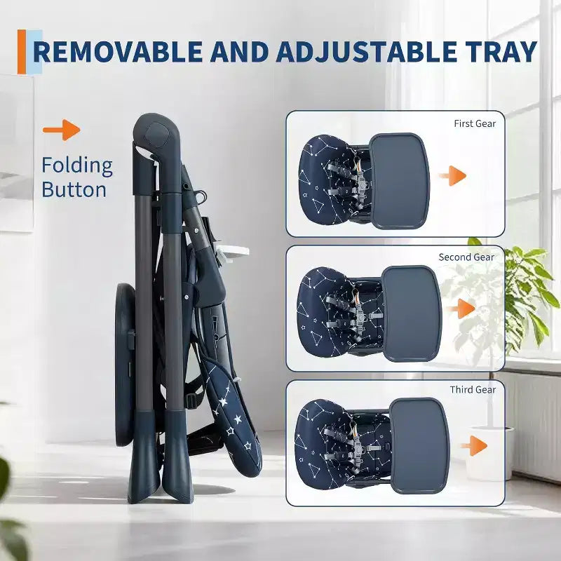 Baby High Chair for Babies and Toddlers Foldable Feeding Chair with Adjustable Height/Backrest/Footrest, Removable Tray, Fast Folding Design