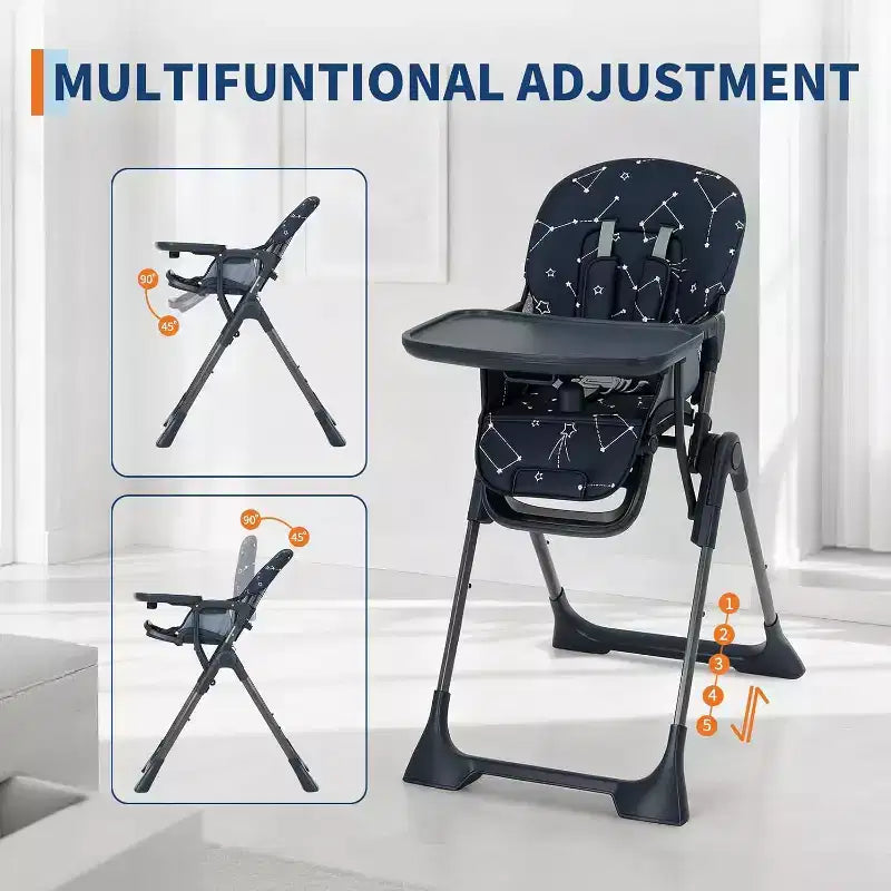 Baby High Chair for Babies and Toddlers Foldable Feeding Chair with Adjustable Height/Backrest/Footrest, Removable Tray, Fast Folding Design