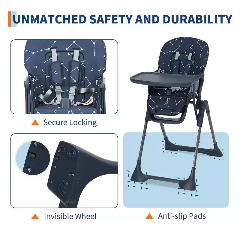 Baby High Chair for Babies and Toddlers Foldable Feeding Chair with Adjustable Height/Backrest/Footrest, Removable Tray, Fast Folding Design