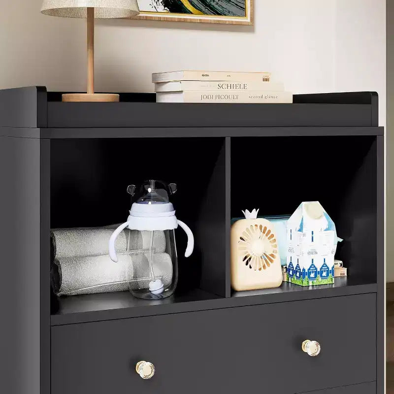Baby Changing Table Dresser with Removable Changing Tray, Nursery Dresser with 3 Drawers, Modern Baby Changing Station & Storage for Nursery, Black