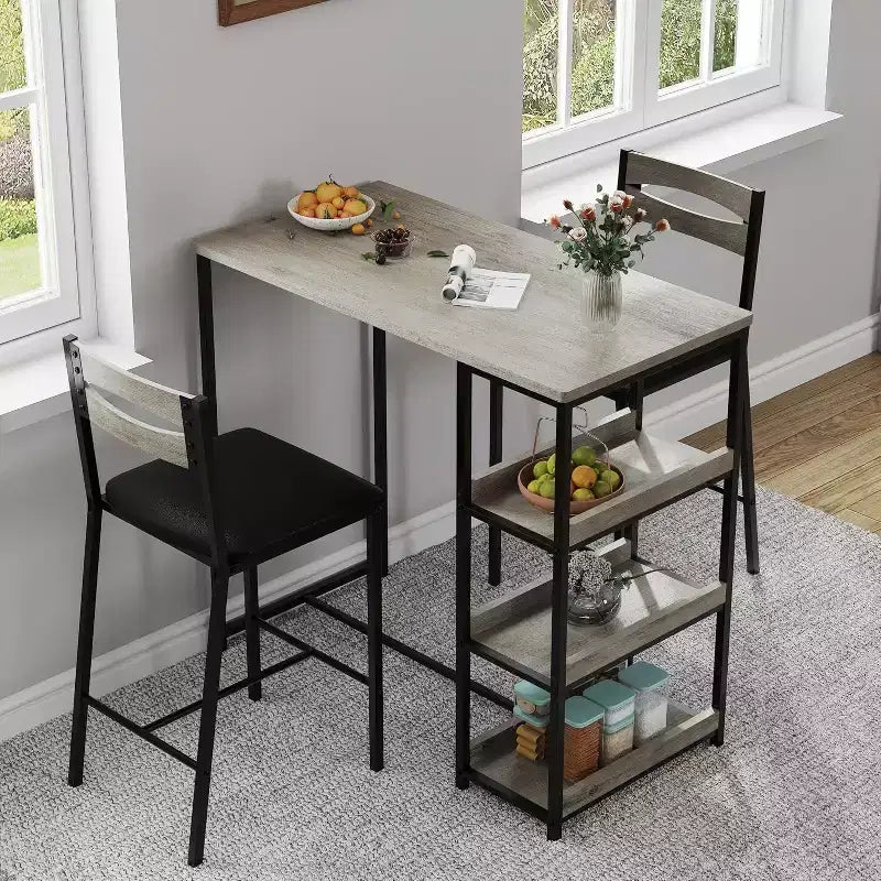 Acekool 3-Piece Kitchen Table Set with Storage Shelves and 2 Upholstered Chairs, Space-Saving Dining Table for Small Spaces