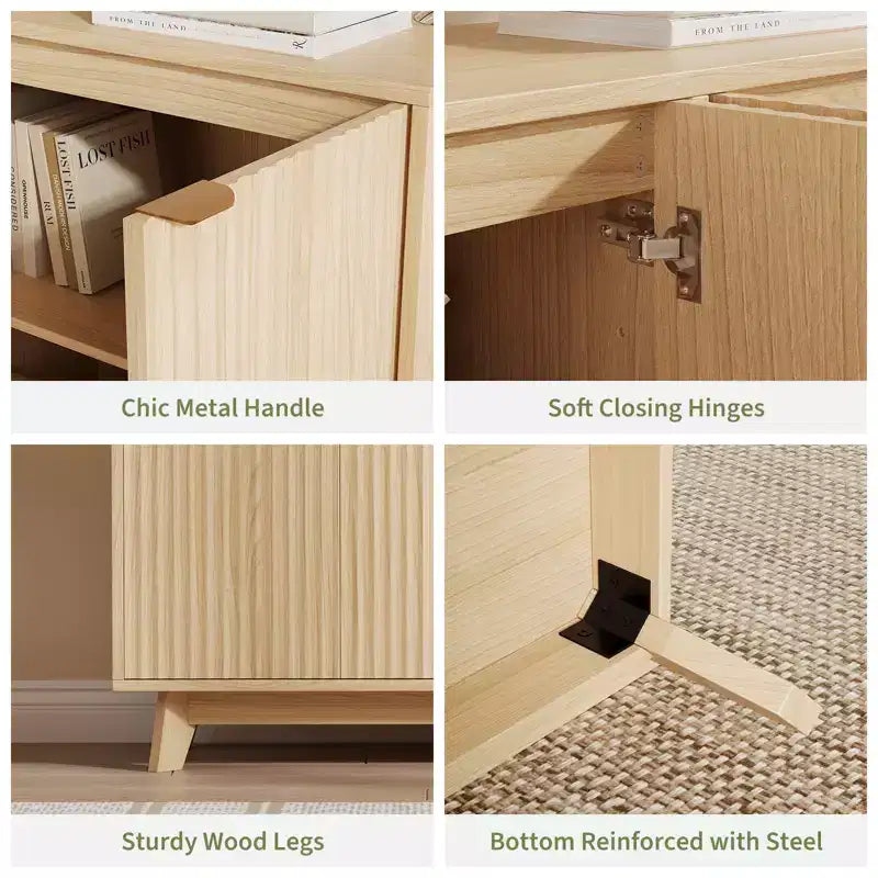 Modern Fluted Wood Sideboard Buffet Cabinet Set  4 Doors, Adjustable Shelves, Versatile Storage Credenza for Living Room, Dining Room, Entryway
