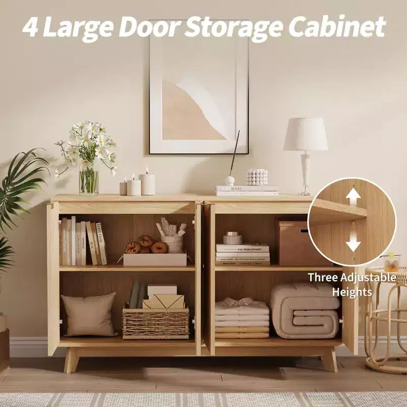 Modern Fluted Wood Sideboard Buffet Cabinet Set  4 Doors, Adjustable Shelves, Versatile Storage Credenza for Living Room, Dining Room, Entryway
