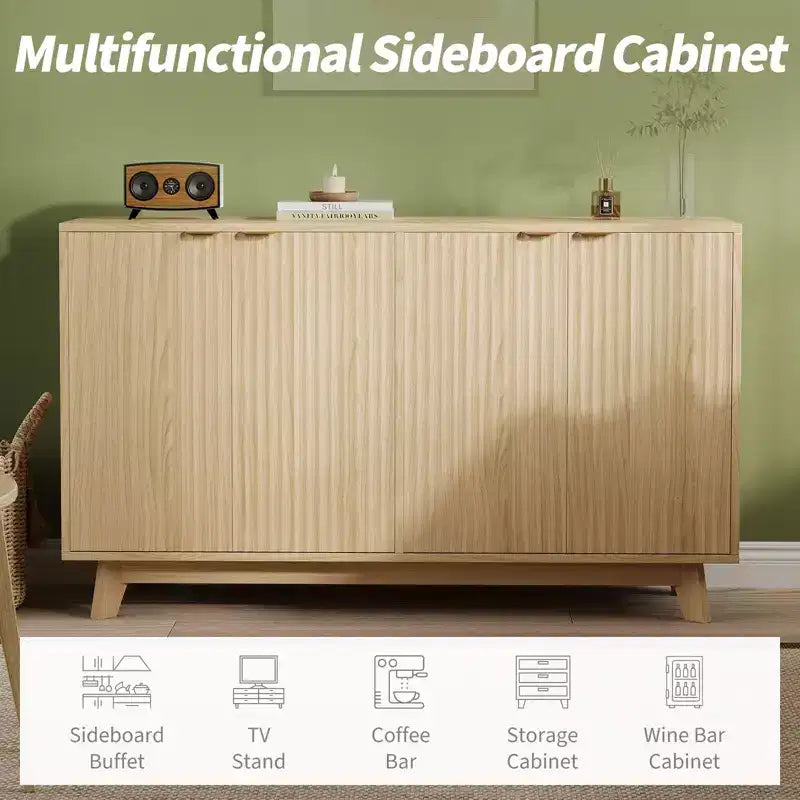 Modern Fluted Wood Sideboard Buffet Cabinet Set  4 Doors, Adjustable Shelves, Versatile Storage Credenza for Living Room, Dining Room, Entryway