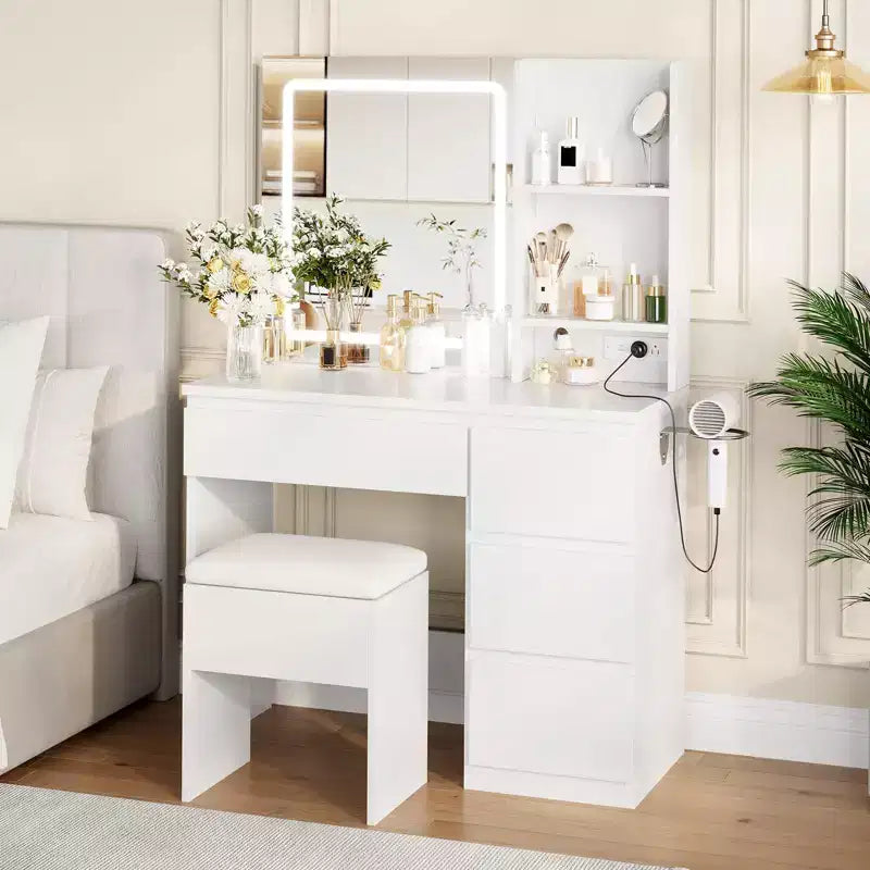 Makeup Vanity Desk with Lighted Mirror, 4 Drawers, Power Outlet, Storage Stool, Storage Shelves, Mirror 3 Lighting Color Adjust, White