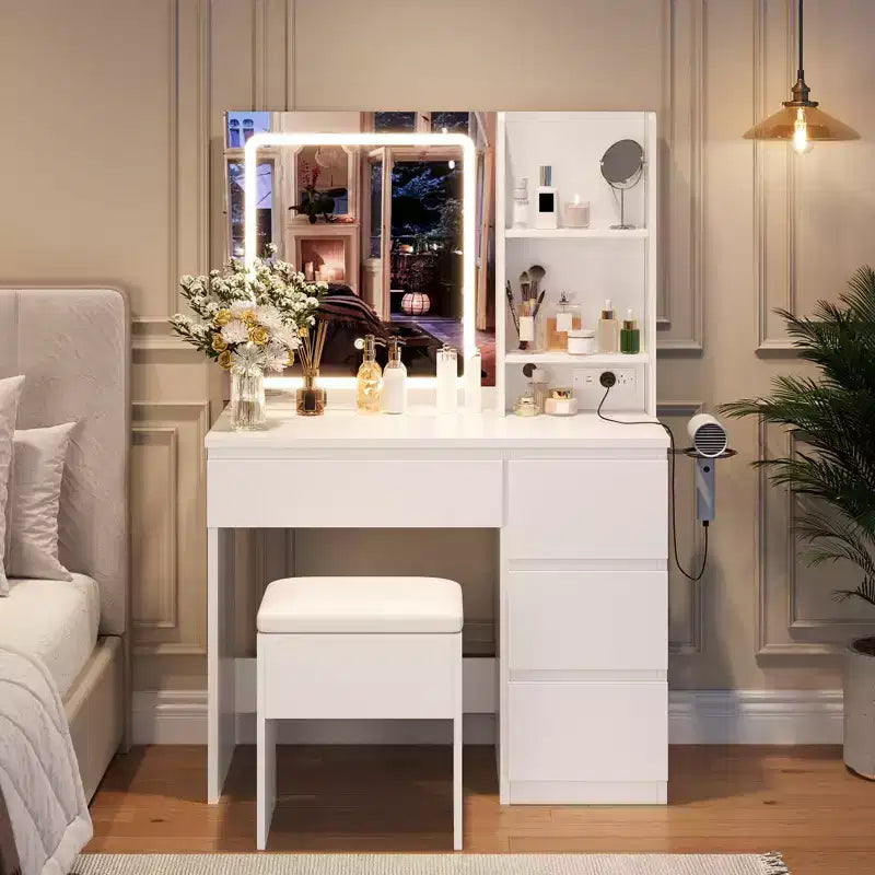 Makeup Vanity Desk with Lighted Mirror, 4 Drawers, Power Outlet, Storage Stool, Storage Shelves, Mirror 3 Lighting Color Adjust, White