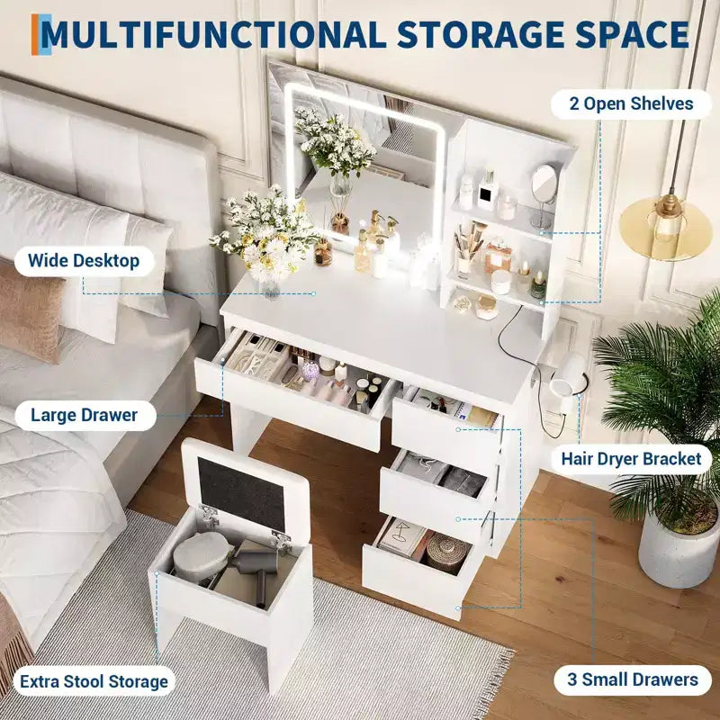 Makeup Vanity Desk with Lighted Mirror, 4 Drawers, Power Outlet, Storage Stool, Storage Shelves, Mirror 3 Lighting Color Adjust, White