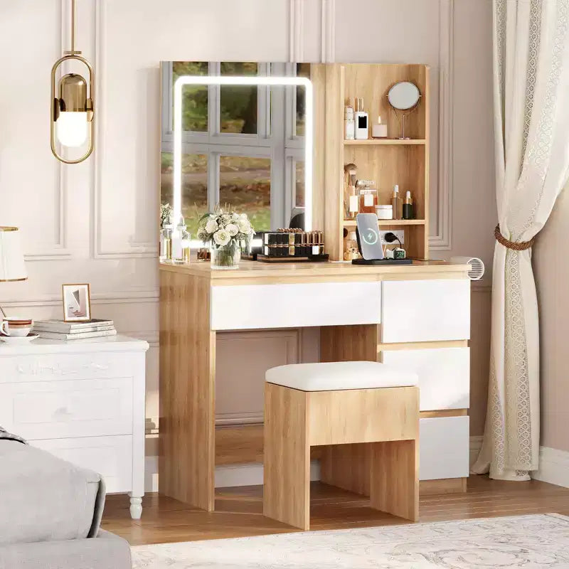 Makeup Vanity Desk with Lighted Mirror, 4 Drawers, Power Outlet, Storage Stool, Storage Shelves, Mirror 3 Lighting Color Adjust, White
