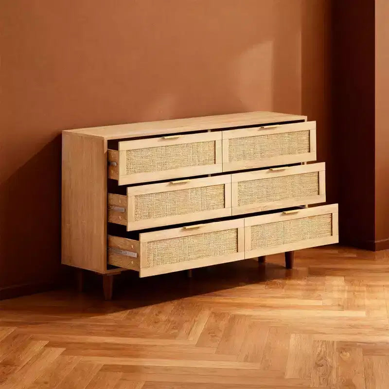 Natural Rattan Storage Cabinet with 6 Drawers, Freestanding Dresser for Bedroom & Living Room, Particle Board, 51.18
