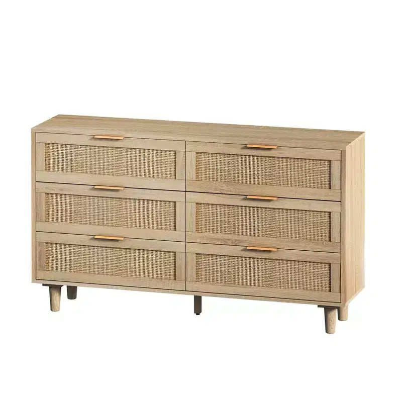 Natural Rattan Storage Cabinet with 6 Drawers, Freestanding Dresser for Bedroom & Living Room, Particle Board, 51.18