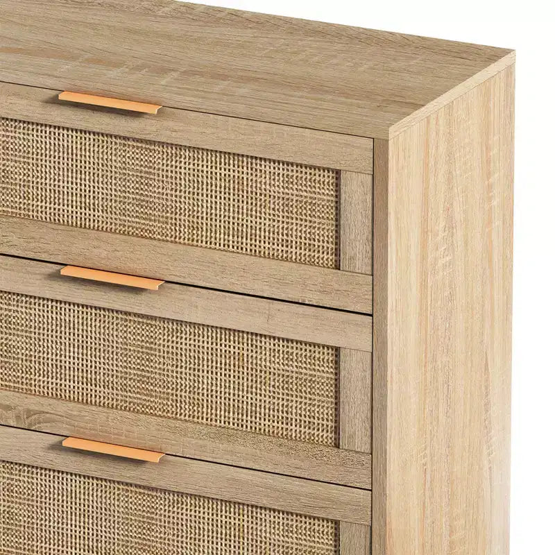 Natural Rattan Storage Cabinet with 6 Drawers, Freestanding Dresser for Bedroom & Living Room, Particle Board, 51.18