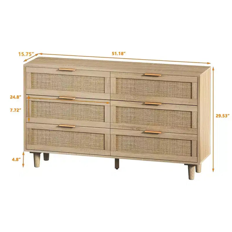 Natural Rattan Storage Cabinet with 6 Drawers, Freestanding Dresser for Bedroom & Living Room, Particle Board, 51.18