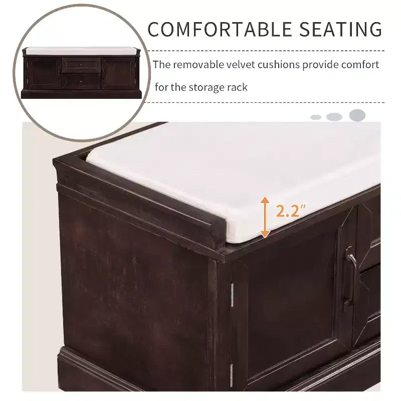 Shoe Storage Bench with 2 Drawers, 2 Cabinets, Removable Cushion for Living Room Entryway Hallway Foyer Laundry Room, 200 lbs Capacity