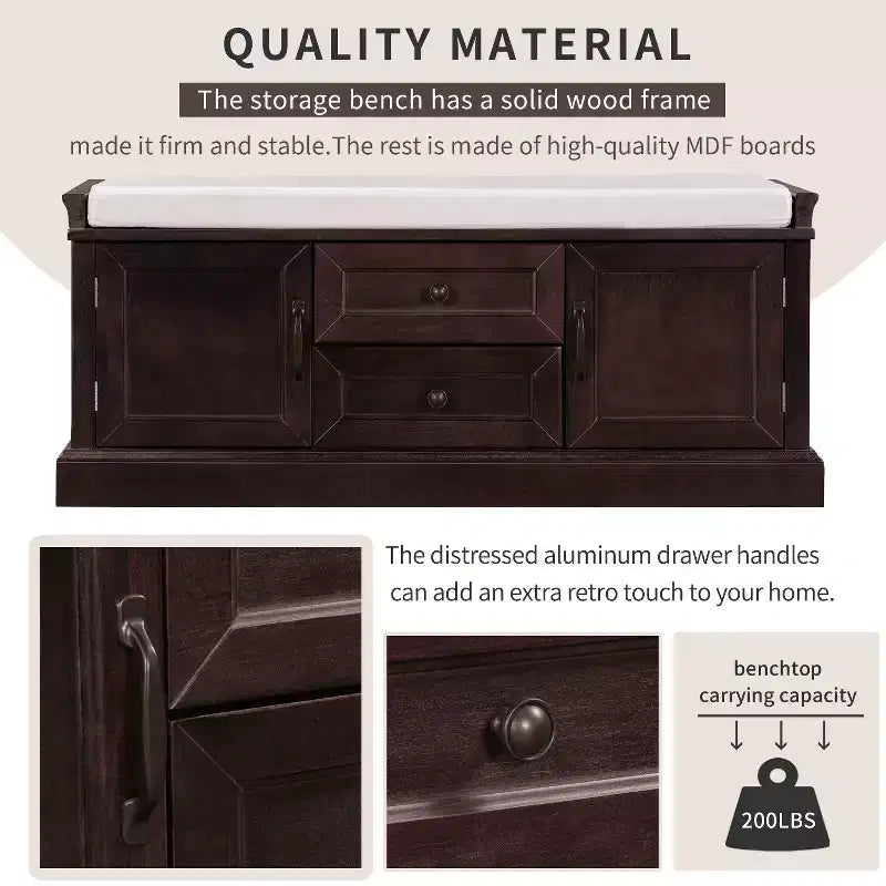 Shoe Storage Bench with 2 Drawers, 2 Cabinets, Removable Cushion for Living Room Entryway Hallway Foyer Laundry Room, 200 lbs Capacity