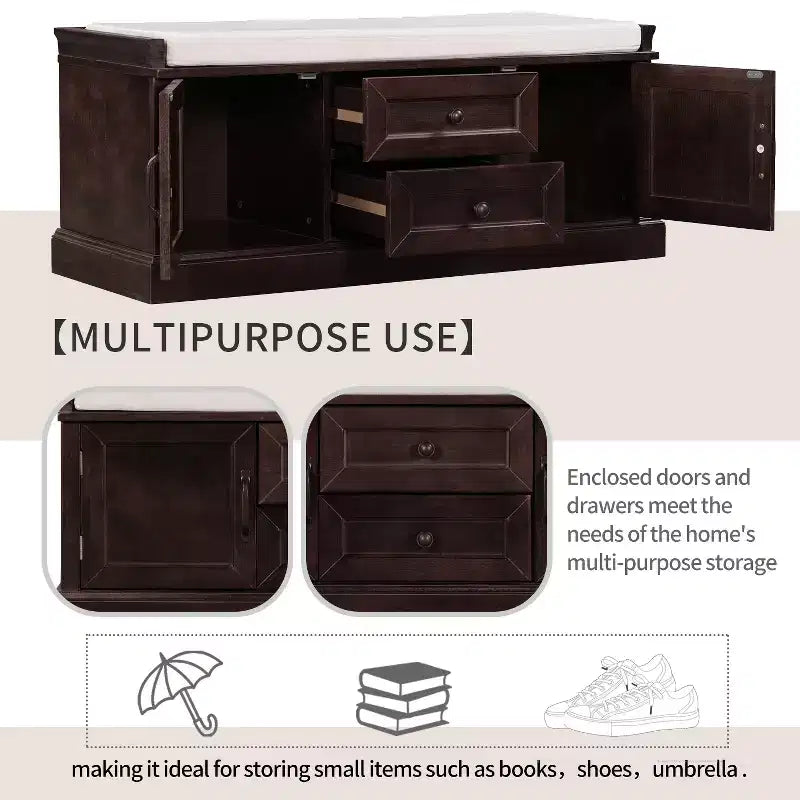 Shoe Storage Bench with 2 Drawers, 2 Cabinets, Removable Cushion for Living Room Entryway Hallway Foyer Laundry Room, 200 lbs Capacity