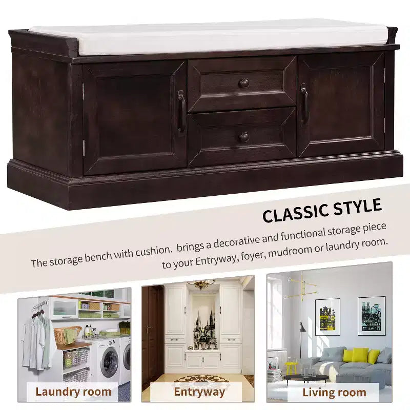 Shoe Storage Bench with 2 Drawers, 2 Cabinets, Removable Cushion for Living Room Entryway Hallway Foyer Laundry Room, 200 lbs Capacity