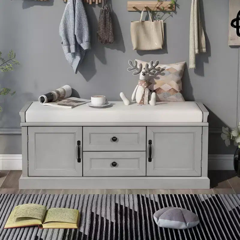 Shoe Storage Bench with 2 Drawers, 2 Cabinets, Removable Cushion for Living Room Entryway Hallway Foyer Laundry Room, 200 lbs Capacity