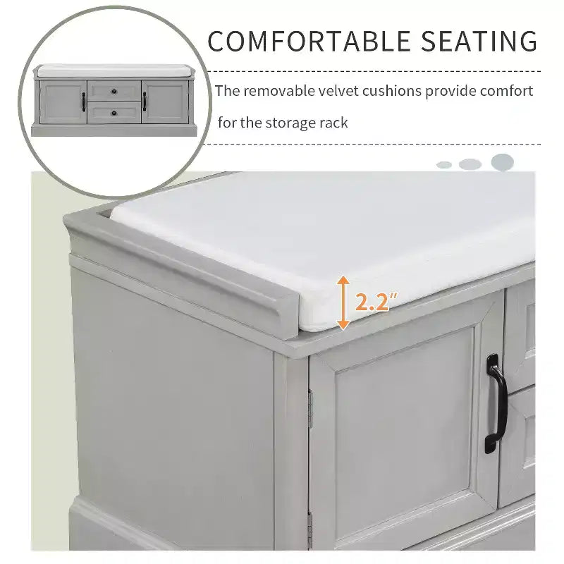 Shoe Storage Bench with 2 Drawers, 2 Cabinets, Removable Cushion for Living Room Entryway Hallway Foyer Laundry Room, 200 lbs Capacity