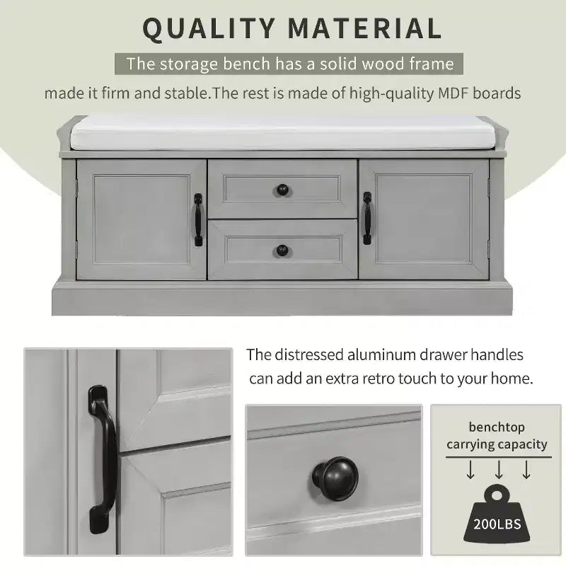 Shoe Storage Bench with 2 Drawers, 2 Cabinets, Removable Cushion for Living Room Entryway Hallway Foyer Laundry Room, 200 lbs Capacity