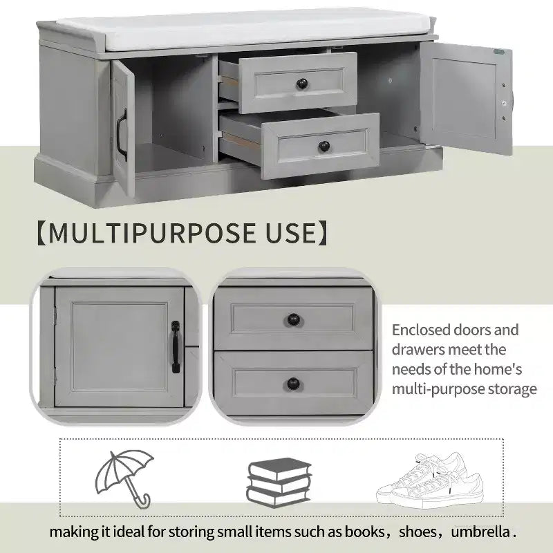 Shoe Storage Bench with 2 Drawers, 2 Cabinets, Removable Cushion for Living Room Entryway Hallway Foyer Laundry Room, 200 lbs Capacity