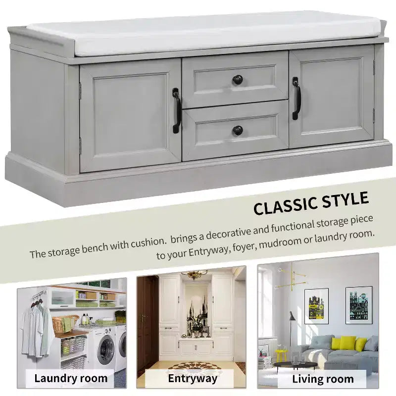 Shoe Storage Bench with 2 Drawers, 2 Cabinets, Removable Cushion for Living Room Entryway Hallway Foyer Laundry Room, 200 lbs Capacity