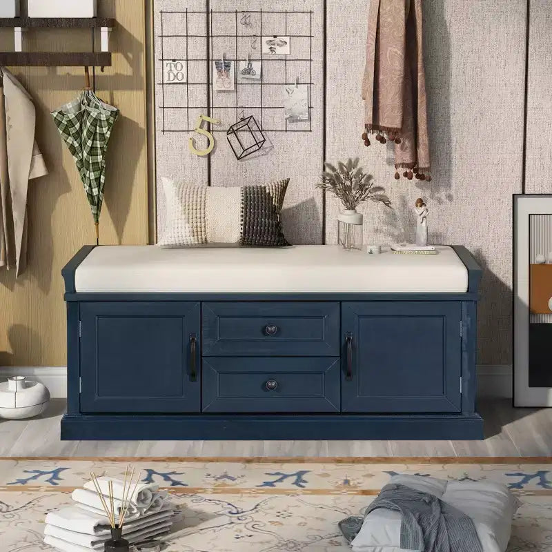 Shoe Storage Bench with 2 Drawers, 2 Cabinets, Removable Cushion for Living Room Entryway Hallway Foyer Laundry Room, 200 lbs Capacity
