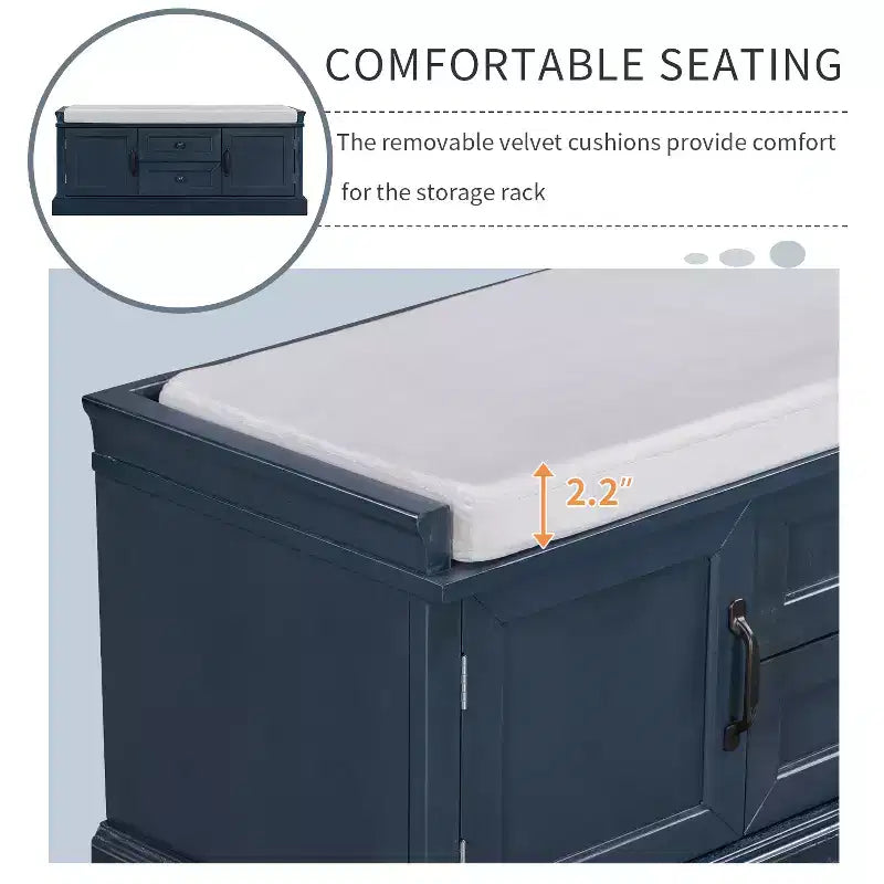 Shoe Storage Bench with 2 Drawers, 2 Cabinets, Removable Cushion for Living Room Entryway Hallway Foyer Laundry Room, 200 lbs Capacity