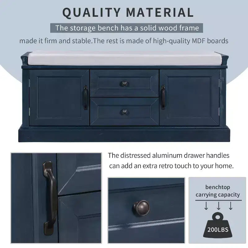 Shoe Storage Bench with 2 Drawers, 2 Cabinets, Removable Cushion for Living Room Entryway Hallway Foyer Laundry Room, 200 lbs Capacity