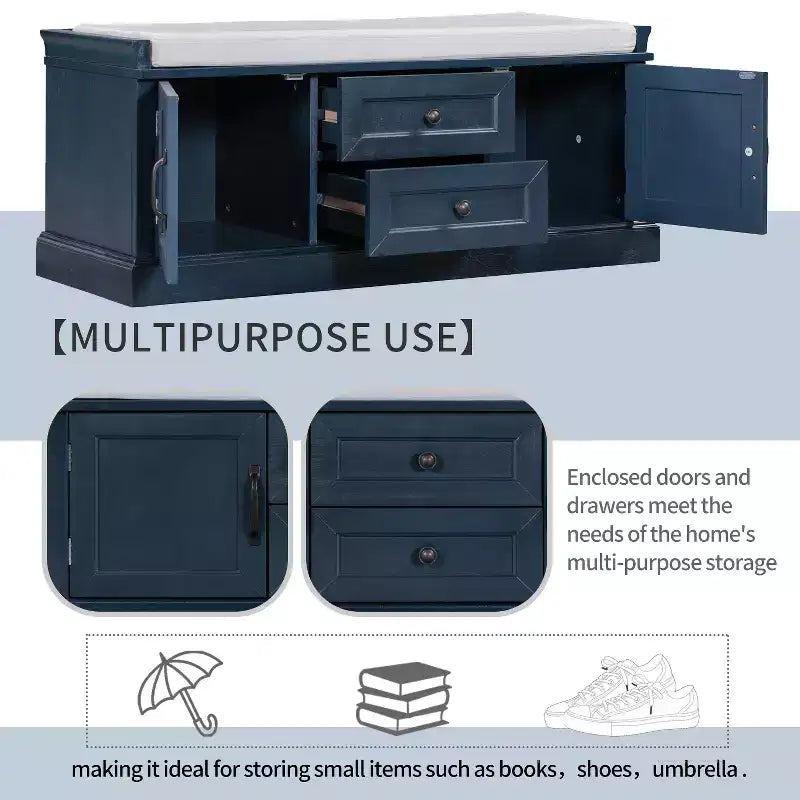 Shoe Storage Bench with 2 Drawers, 2 Cabinets, Removable Cushion for Living Room Entryway Hallway Foyer Laundry Room, 200 lbs Capacity