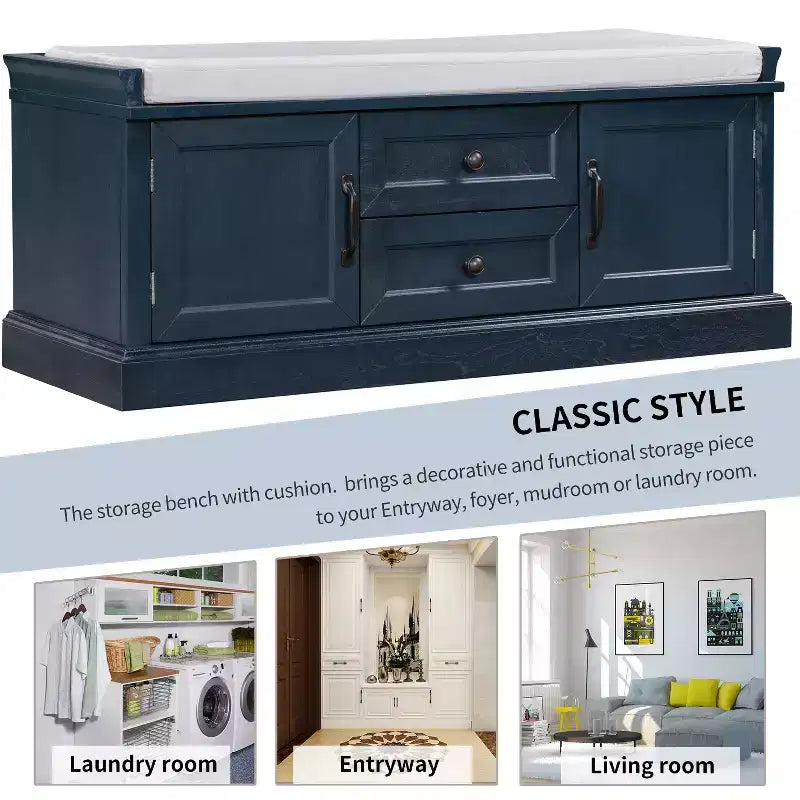 Shoe Storage Bench with 2 Drawers, 2 Cabinets, Removable Cushion for Living Room Entryway Hallway Foyer Laundry Room, 200 lbs Capacity