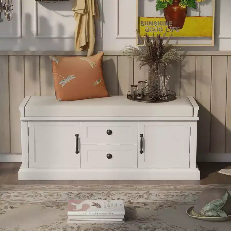 Shoe Storage Bench with 2 Drawers, 2 Cabinets, Removable Cushion for Living Room Entryway Hallway Foyer Laundry Room, 200 lbs Capacity