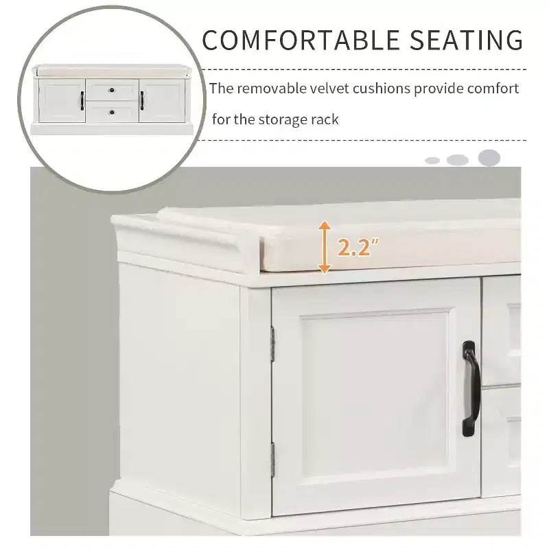 Shoe Storage Bench with 2 Drawers, 2 Cabinets, Removable Cushion for Living Room Entryway Hallway Foyer Laundry Room, 200 lbs Capacity