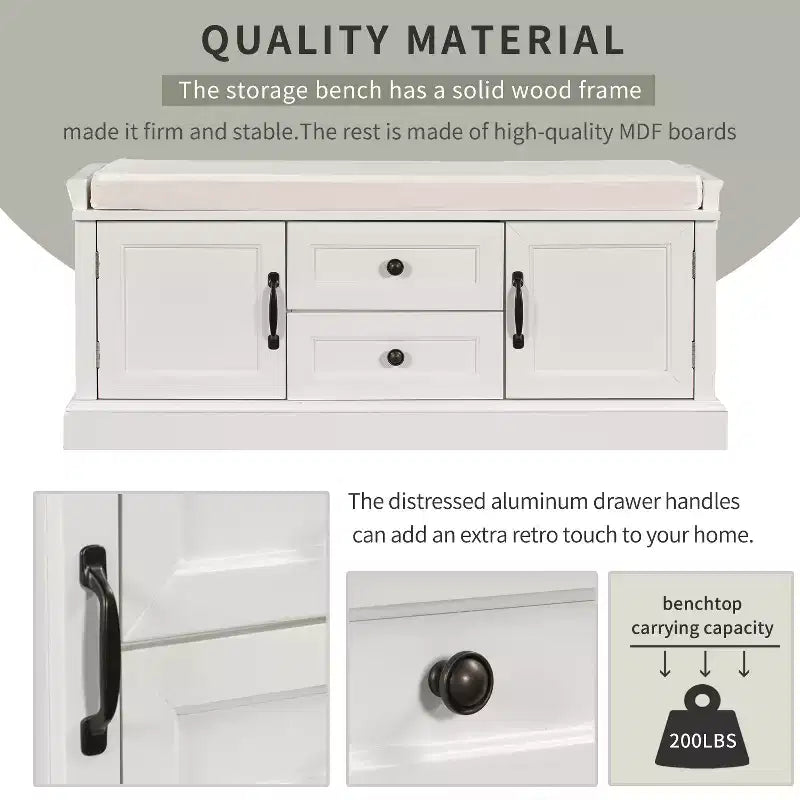 Shoe Storage Bench with 2 Drawers, 2 Cabinets, Removable Cushion for Living Room Entryway Hallway Foyer Laundry Room, 200 lbs Capacity