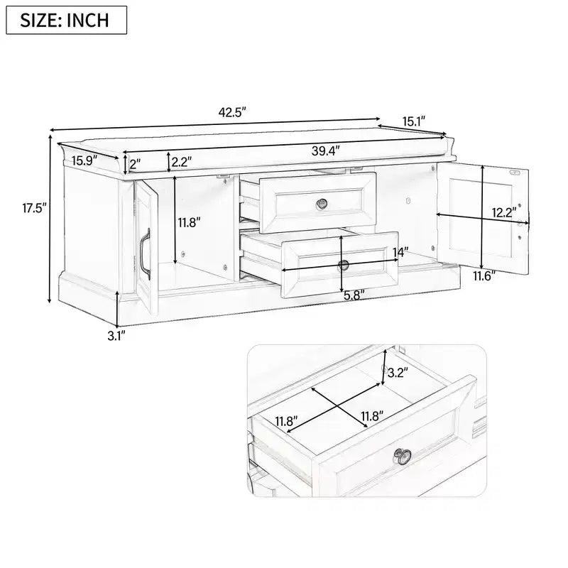 Shoe Storage Bench with 2 Drawers, 2 Cabinets, Removable Cushion for Living Room Entryway Hallway Foyer Laundry Room, 200 lbs Capacity