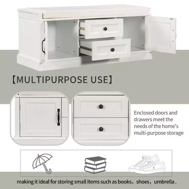 Shoe Storage Bench with 2 Drawers, 2 Cabinets, Removable Cushion for Living Room Entryway Hallway Foyer Laundry Room, 200 lbs Capacity