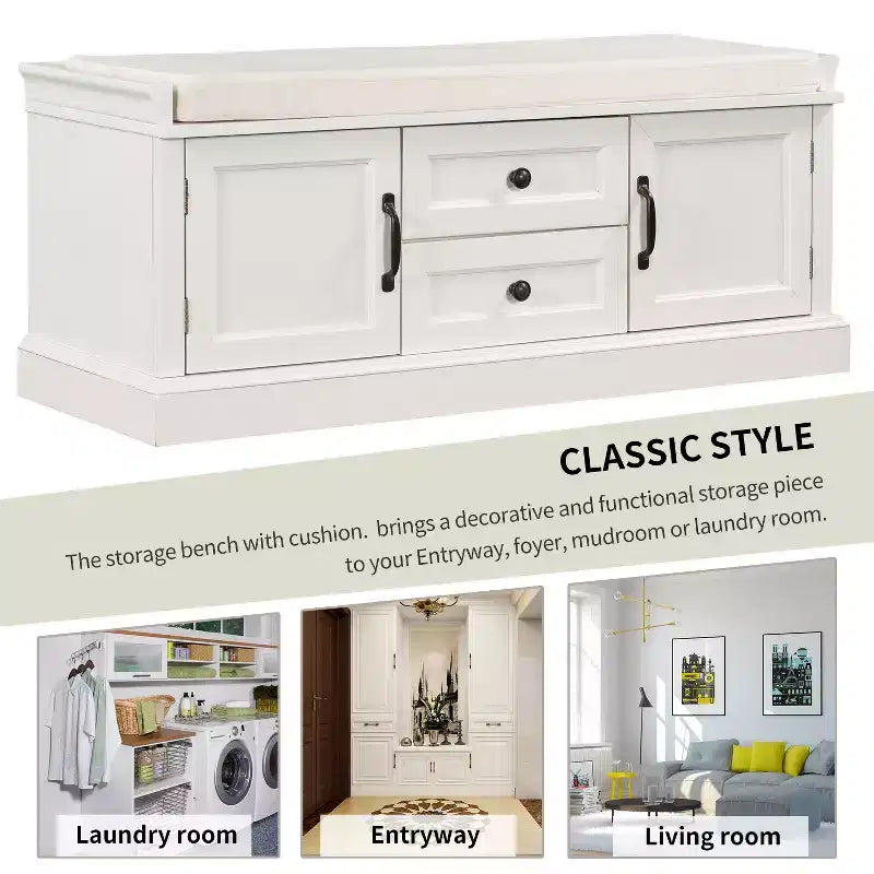 Shoe Storage Bench with 2 Drawers, 2 Cabinets, Removable Cushion for Living Room Entryway Hallway Foyer Laundry Room, 200 lbs Capacity