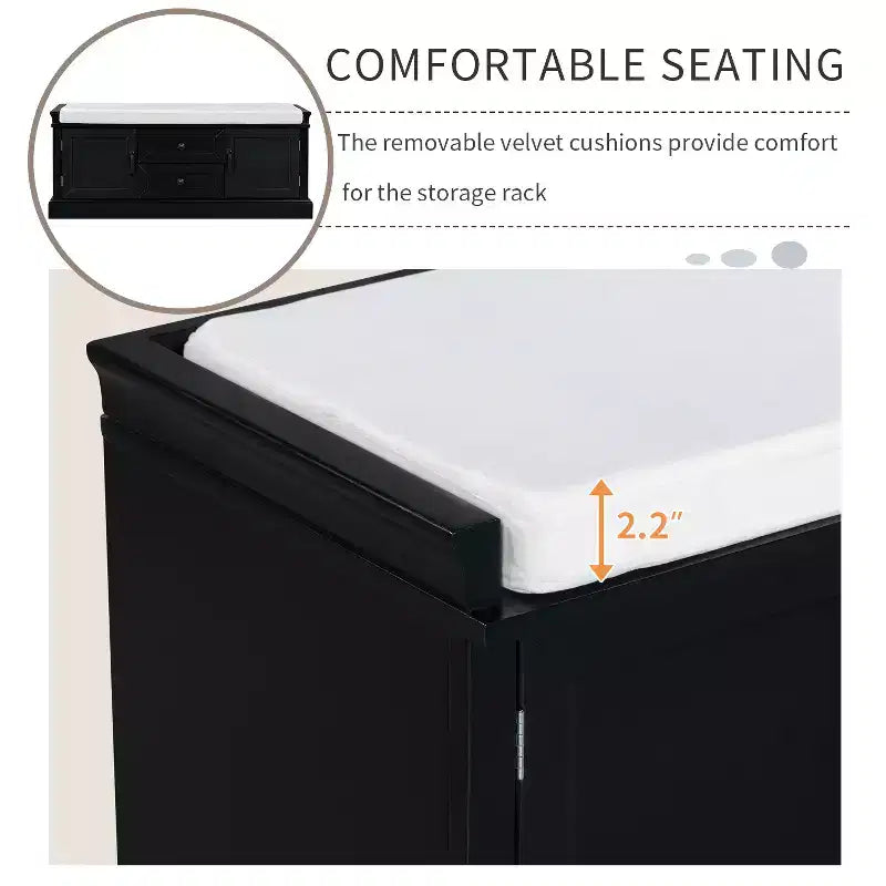 Shoe Storage Bench with 2 Drawers, 2 Cabinets, Removable Cushion for Living Room Entryway Hallway Foyer Laundry Room, 200 lbs Capacity