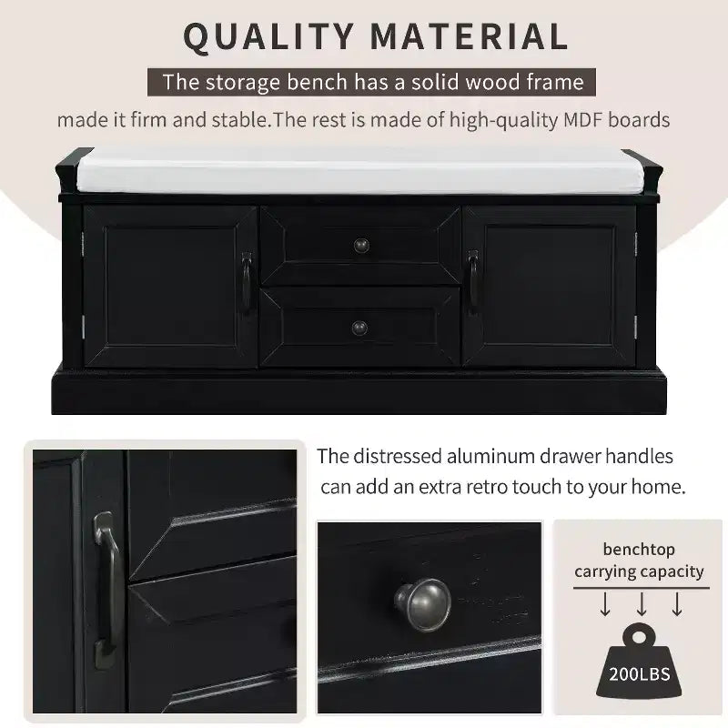 Shoe Storage Bench with 2 Drawers, 2 Cabinets, Removable Cushion for Living Room Entryway Hallway Foyer Laundry Room, 200 lbs Capacity