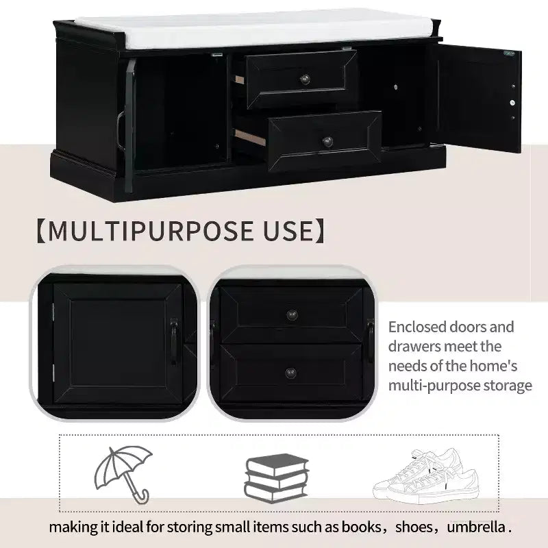 Shoe Storage Bench with 2 Drawers, 2 Cabinets, Removable Cushion for Living Room Entryway Hallway Foyer Laundry Room, 200 lbs Capacity