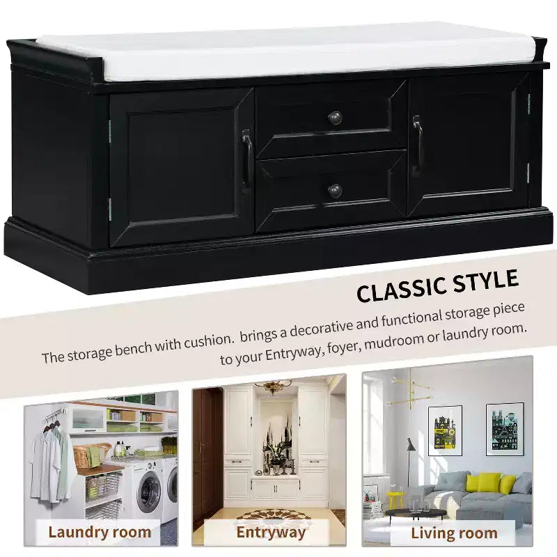 Shoe Storage Bench with 2 Drawers, 2 Cabinets, Removable Cushion for Living Room Entryway Hallway Foyer Laundry Room, 200 lbs Capacity