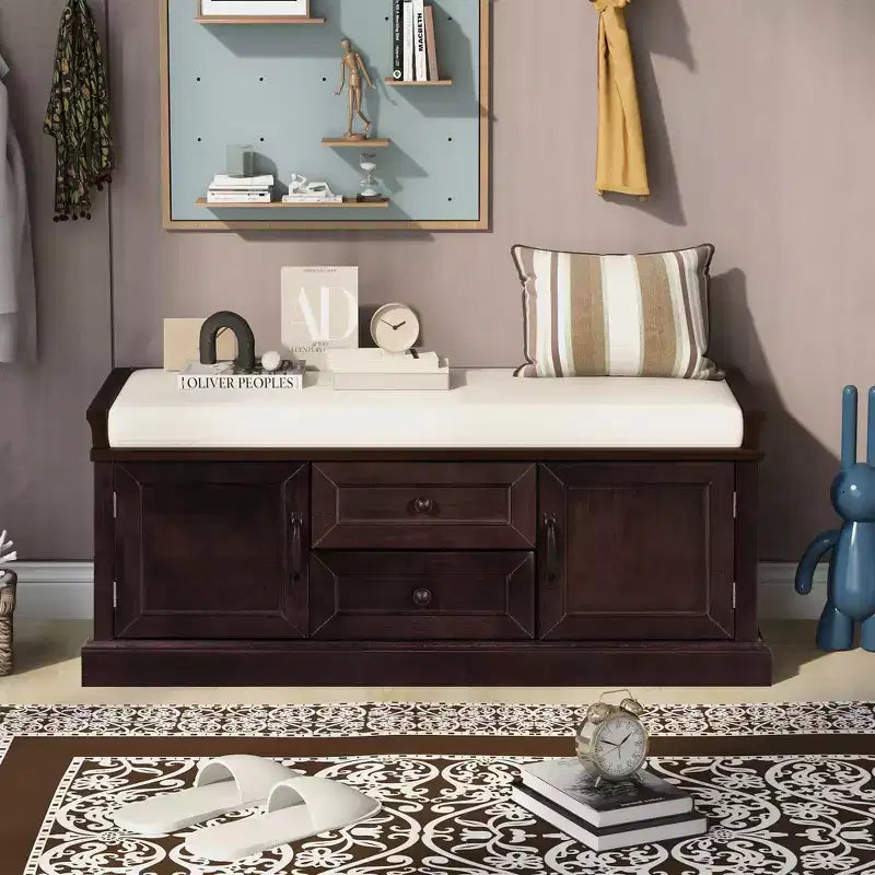 Shoe Storage Bench with 2 Drawers, 2 Cabinets, Removable Cushion for Living Room Entryway Hallway Foyer Laundry Room, 200 lbs Capacity
