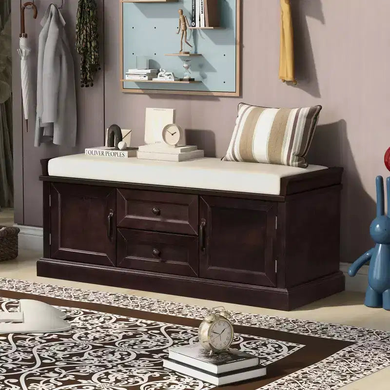 Shoe Storage Bench with 2 Drawers, 2 Cabinets, Removable Cushion for Living Room Entryway Hallway Foyer Laundry Room, 200 lbs Capacity
