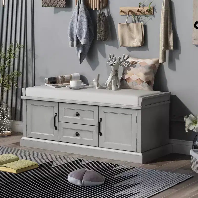 Shoe Storage Bench with 2 Drawers, 2 Cabinets, Removable Cushion for Living Room Entryway Hallway Foyer Laundry Room, 200 lbs Capacity