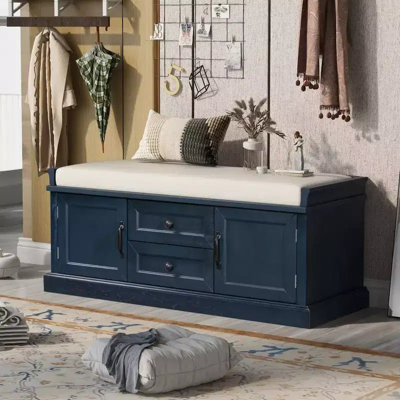 Shoe Storage Bench with 2 Drawers, 2 Cabinets, Removable Cushion for Living Room Entryway Hallway Foyer Laundry Room, 200 lbs Capacity