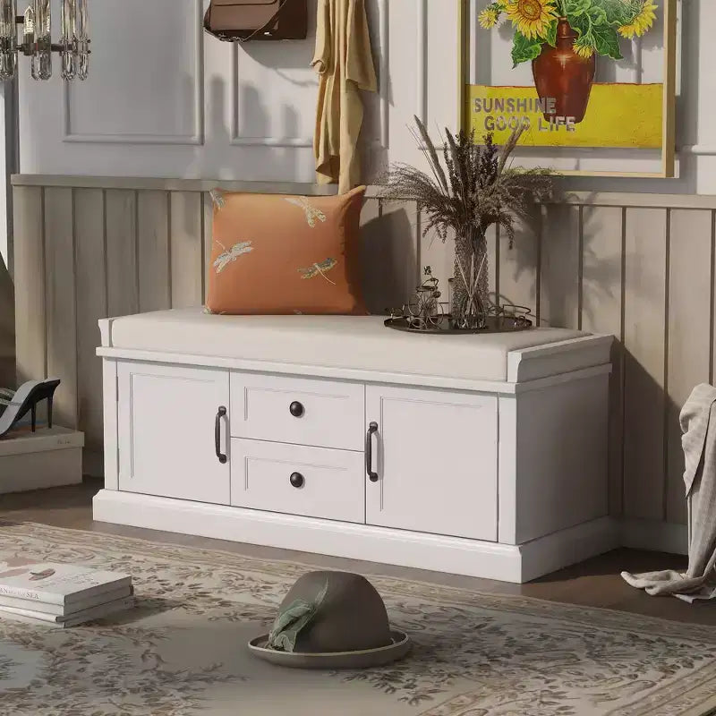 Shoe Storage Bench with 2 Drawers, 2 Cabinets, Removable Cushion for Living Room Entryway Hallway Foyer Laundry Room, 200 lbs Capacity