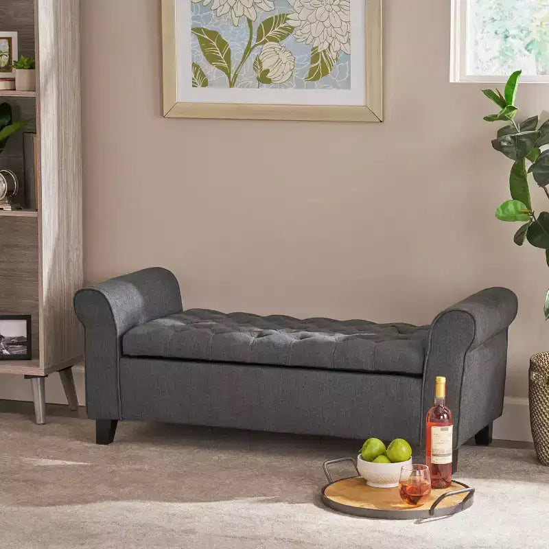 Okak Modern Storage Bench with Padding Seat and Armrests, Storage Ottoman with Wooden Legs, End Of Bed Bench for Living Room, Bedroom