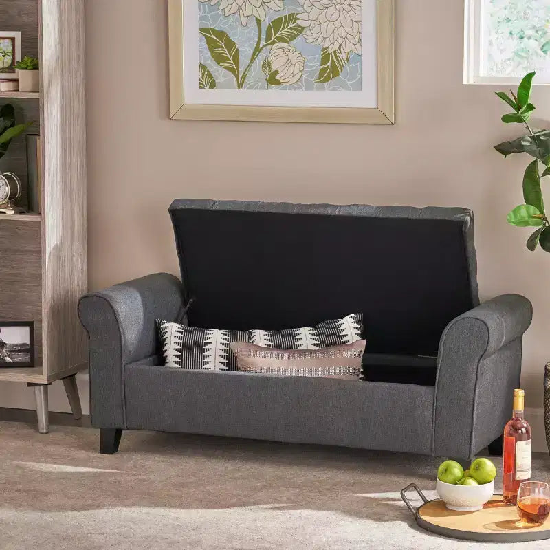Okak Modern Storage Bench with Padding Seat and Armrests, Storage Ottoman with Wooden Legs, End Of Bed Bench for Living Room, Bedroom